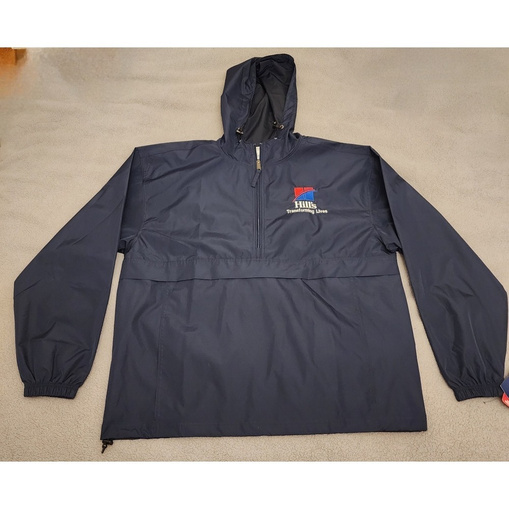 Champion Men's Stadium Packable Size L Blue Hooded Windbreaker Jacket Hills Logo